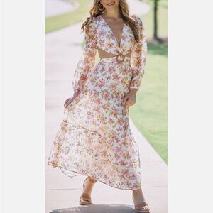 GIANNI BINI Pink Floral Eyelet Lace Backless Maxi Dress Long Sleeve Tiered New